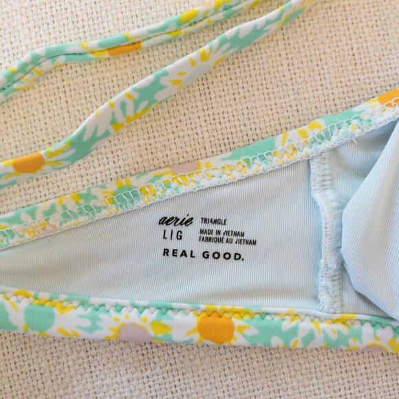 Aerie Real Good Floral Triangle Bikini Top Size Large Light Blue Yellow - Picture 3 of 3